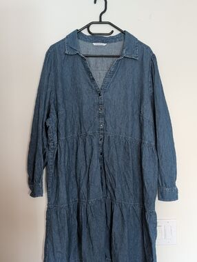 PENN Denim Button-Front Tiered Shirt Dress - Blue